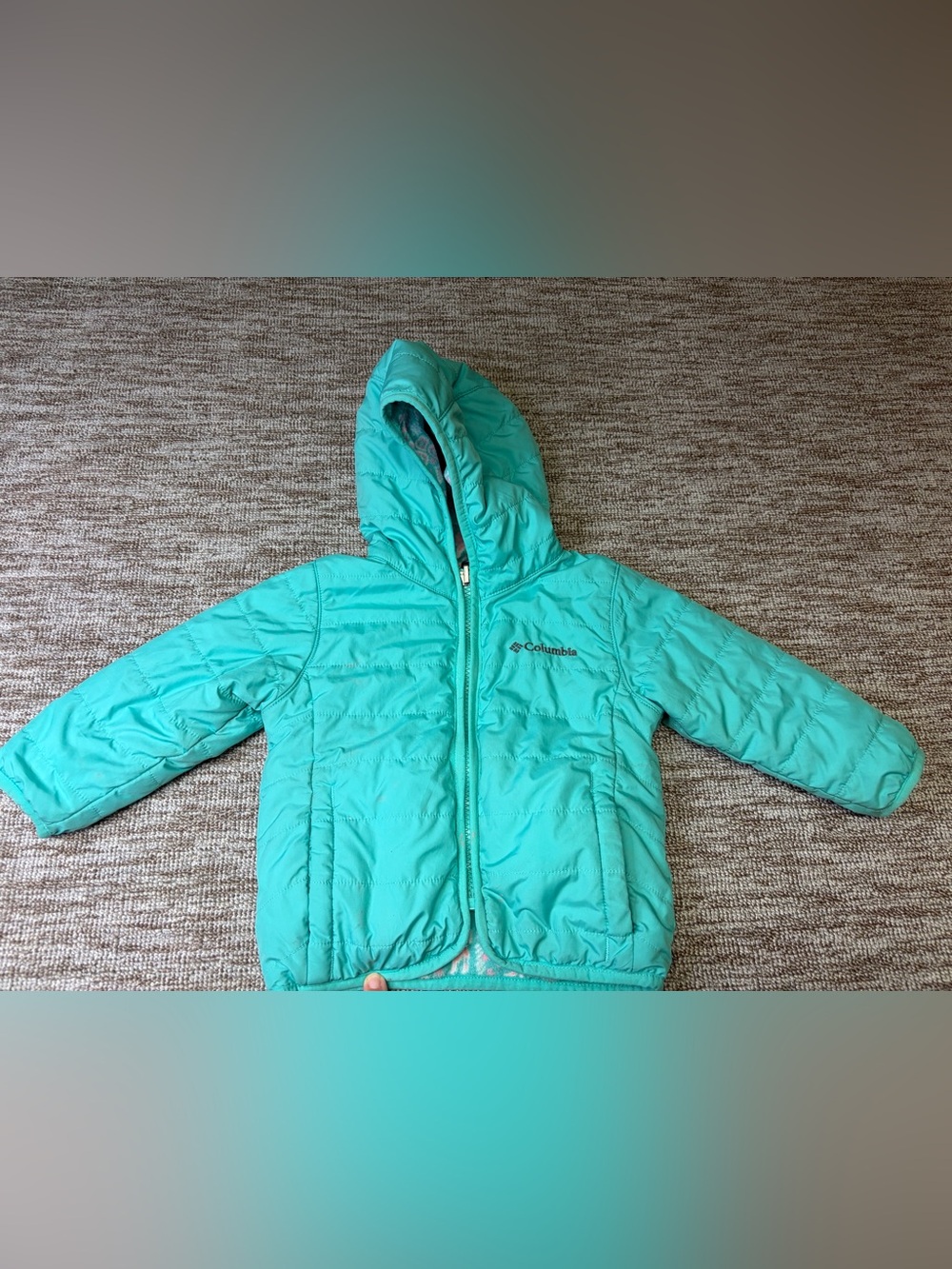 Columbia Reversible Light Puffer Coat Jacket Teal Fleece Hood Toddler 12-18 18m